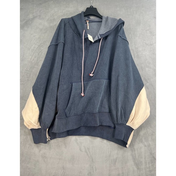 Free People Jimi Sweatshirt Size Small Blue Cream Pullover Hooded - Picture 2 of 8